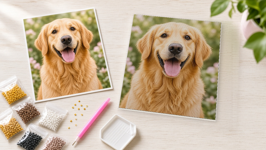 Example design: golden retriever photo beside a diamond painting made from it